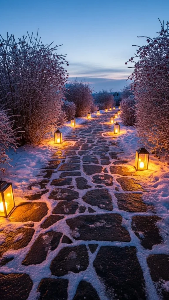 Snow-Dusted Stone Path With Soft Lantern Glow