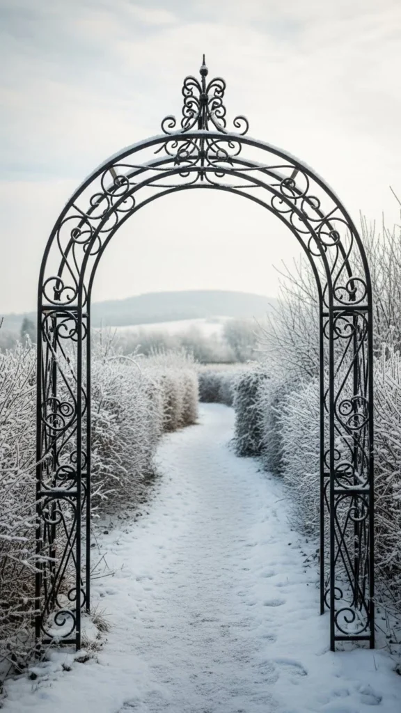 Snow-Kissed Wrought Iron Archway