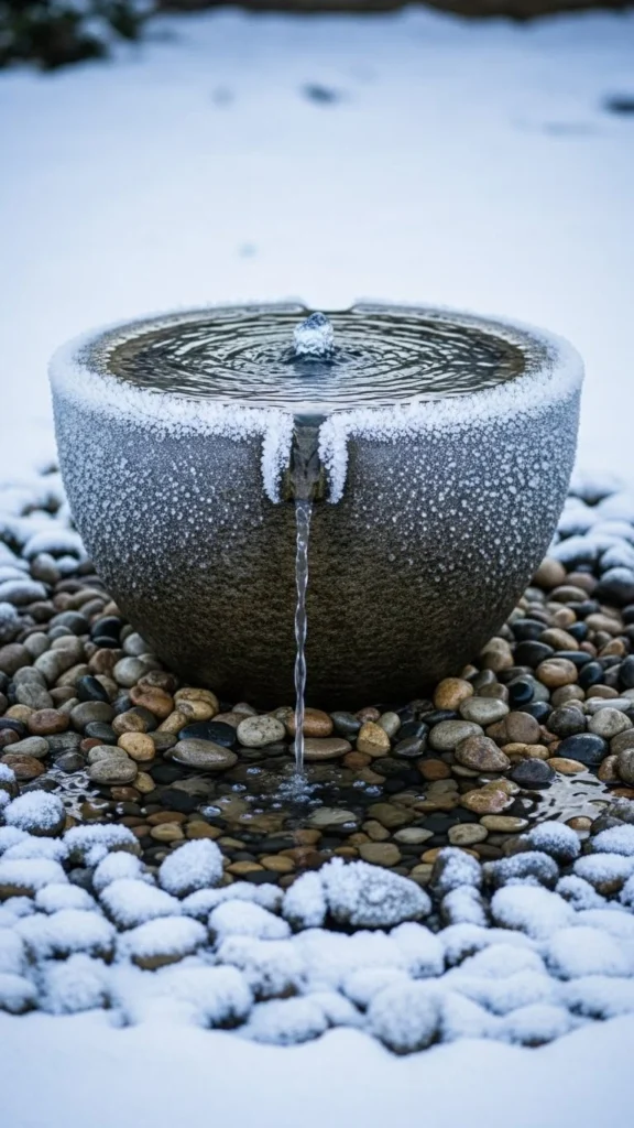 Stone Bowl Fountain with Slow Winter Flow