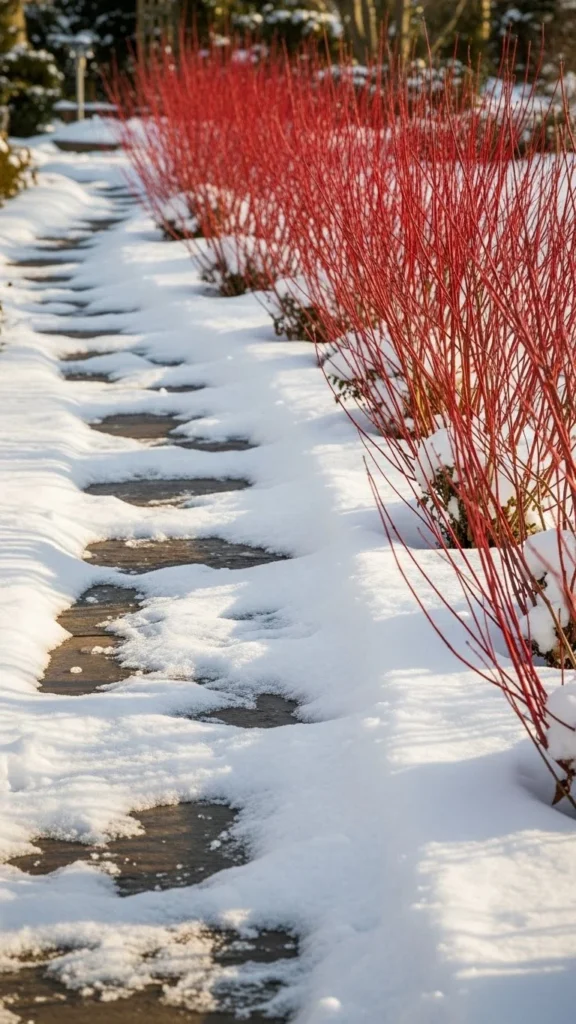 Narrow Walkway Framed With Red Twig Dogwood