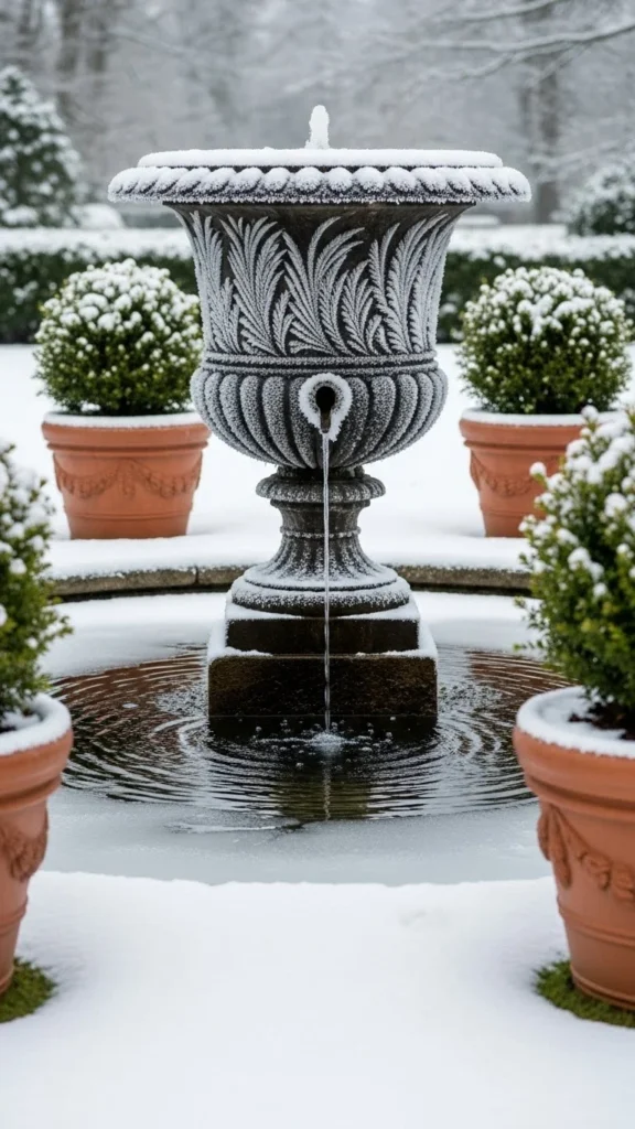 Winter Urn Fountain with Frosted Details
