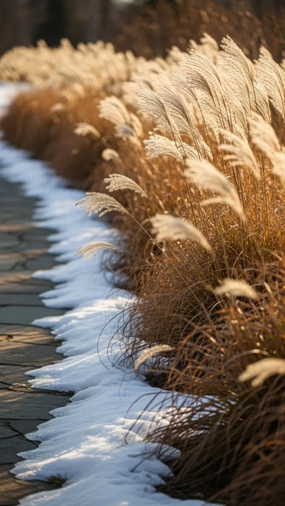 Winter Walkway With Dried Grass Borders