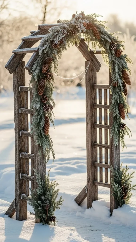 Rustic Wooden Arch Wrapped in Winter Greens