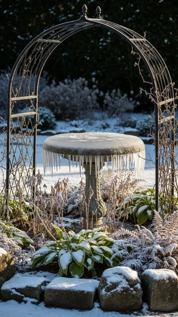  Garden Arch Framing a Winter Birdbath
