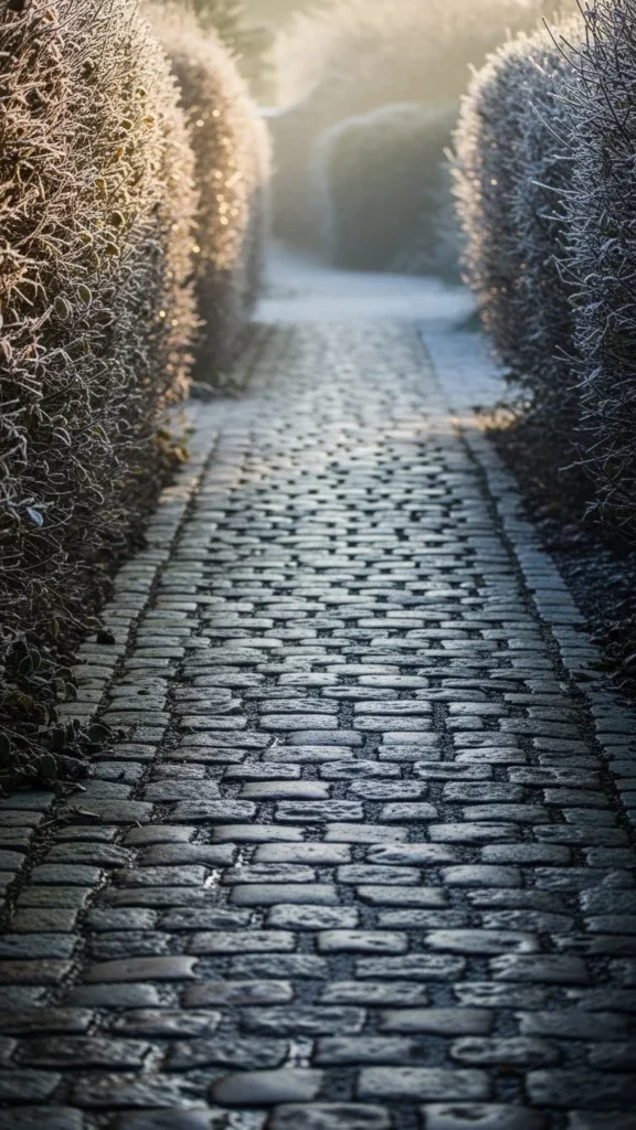 Frost-Framed Cobblestone Path
