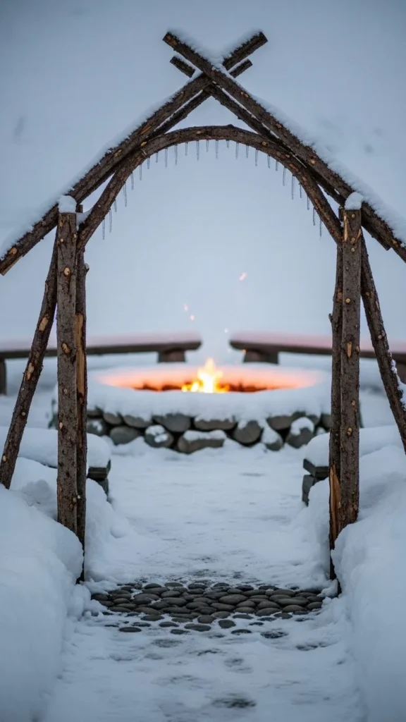 Archway Leading to a Winter Firepit Corner