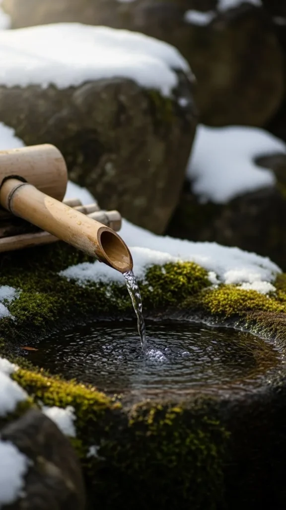 Japanese-Style Bamboo Spout in Snow