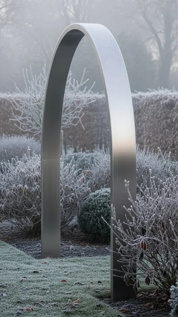 Minimal Steel Arch in a Frosted Garden