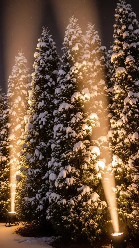 Ground-Level Spotlights Aimed at Evergreens