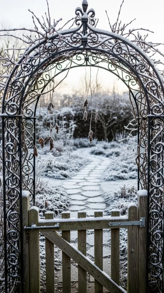 Classic Garden Gate Arch with Snowy Vines