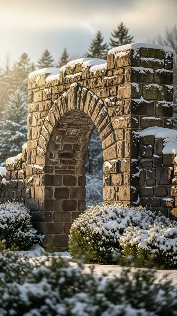 Stone-Framed Arch Surrounded by Winter Shrubs